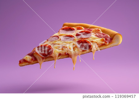 A slice of pepperoni pizza with dripping melted cheese, floating against a purple background 119369457