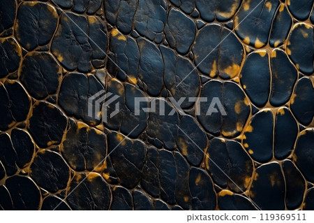 Close up of black and gold snake skin texture with intricate scales and organic patterns 119369511