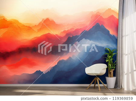 Modern Interior with Vibrant Mountain Mural 119369859