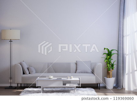 Minimalist Living Room with White Sofa and Potted Plant 119369860