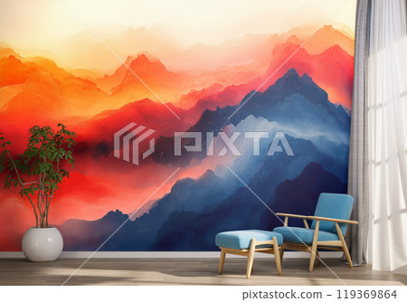 Modern Living Room with Vibrant Mountain Mural 119369864