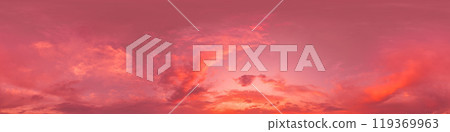 Sunset sky panorama with bright glowing pink Cumulus clouds. HDR 360 seamless spherical panorama. Full zenith or sky dome in 3D, sky replacement for aerial drone panoramas. Climate and weather change. 119369963