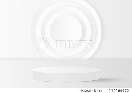 Abstract 3D white podium background. Modern minimalist mockup for product display presentation. Realistic white cylinder pedestal podium. 119369970