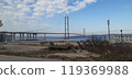 Dardanelles strait between Black sea, sea of Marmara and Black Sea.  Canakkale bridge. View from the Asian part of Turkey 119369988