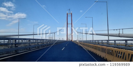 Dardanelles strait between Black sea, sea of Marmara and Black Sea.  Canakkale bridge. View from the Asian part of Turkey Dardanelles strait between Black sea, sea of Marmara and Black Sea.  Canakkale bridge. View from the Asian part of Turkey 119369989