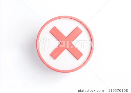 A top view of a 3D red X symbol inside a circular frame, resting on a white surface 119370108