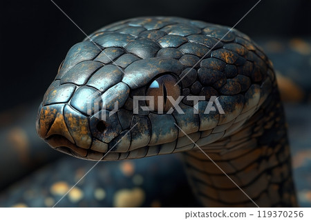 A sleek, dark scaled snakes face covered in raindrops, giving an ominous and reflective stare A sleek, dark scaled snakes face covered in raindrops, giving an ominous and reflective stare 119370256