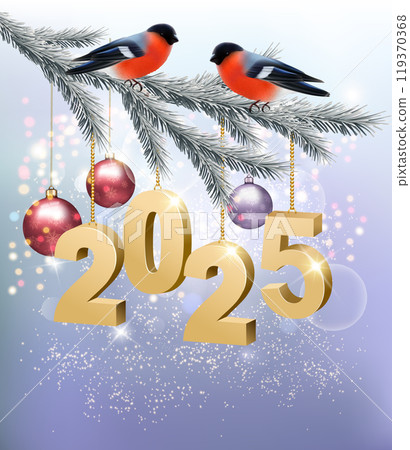 Holiday Christmas background with christmas brunch of trre, red bullfunch and a colorful balls. Vector 119370368