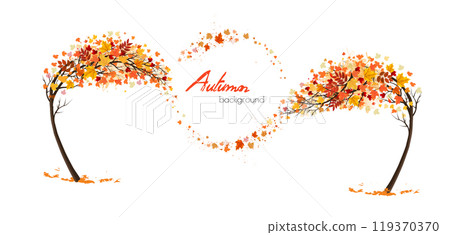 Autumn abstract background with two trees and flying colorful leaves. Vector. Autumn abstract background with two trees and flying colorful leaves. Vector. 119370370