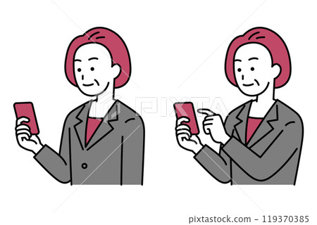 A set of middle-aged women in suits holding (holding/operating) smartphones 119370385