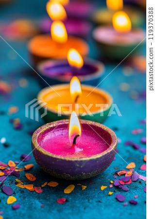 A row of colorful diyas with vibrant flames, surrounded by scattered confetti on a blue surface 119370388