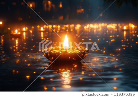 A floating diya reflecting on calm water, with rows of glowing lights in the background at night 119370389