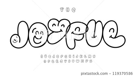 Bubbly cartoon font with smiling faces, friendly bubble outline letters for playful joyful child designs, whimsical smiley font, kid logo, cartoon headline, quirky design. Vector typeset. Bubbly cartoon font with smiling faces, friendly bubble outline letters for playful joyful child designs, whimsical smiley font, kid logo, cartoon headline, quirky design. Vector typeset. 119370586