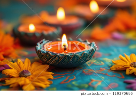 A teal diya glowing brightly, surrounded by yellow marigolds on a colorful, patterned surface 119370696