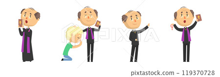 Funny Catholic Man Priest with Cross and Bible Vector Set 119370728