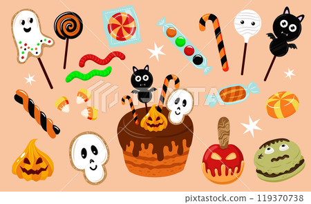 Vector set of sweet treat for Halloween. Cake, lollipop, marmalade, cookie in the shape of scary characters. Cute ghost, scull, pumpkin, bat, etc. 119370738