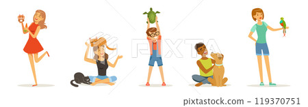 Happy People Character Pet Owner with Their Favorite Animal Vector Set Happy People Character Pet Owner with Their Favorite Animal Vector Set 119370751