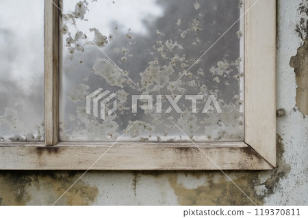 Aged, moldy window with peeling paint, depicting a cold, desolate winter day 119370811