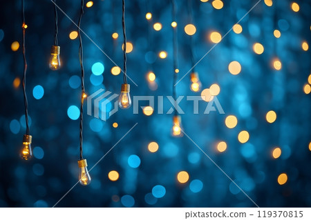 String of festive bulbs, shining brightly against a twilight blue backdrop 119370815