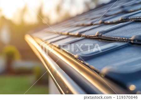 Sunlit roof gutter catching rain droplets at golden hour 119370846