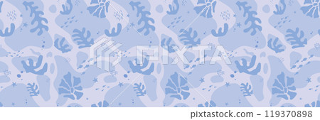 Hand drawn marine life. Seamless pattern with wild sea animals, seaweed and corals. Children's illustration on blue background. Cartoon whales and sperm whales bright colors. 119370898