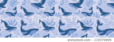 Hand drawn marine life. Seamless pattern with wild sea animals, seaweed and corals. Children's illustration on blue background. Cartoon whales and sperm whales bright colors. Hand drawn marine life. Seamless pattern with wild sea animals, seaweed and corals. Children's illustration on blue background. Cartoon whales and sperm whales bright colors. 119370899