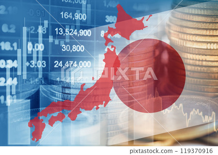 Japan flag with stock market finance, economy trend graph digital technology. 119370916