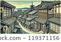 日本傳統城市景觀與老式建築的景觀插畫 119371156