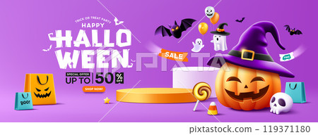 Halloween sale podium, pumpkins hat smile and ghost holding a balloon, bat flying and colorful shopping bag, banner poster design 119371180