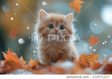 Tiny ginger kitten sitting among vibrant autumn leaves, radiating innocence 119371227