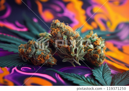 Vivid cannabis buds on a psychedelic, swirling background, rich in color 119371250