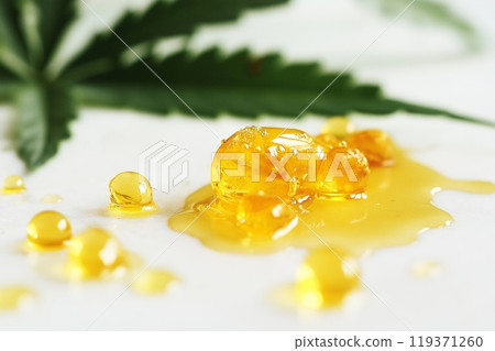 Close view of cannabis droplets, paired with a vibrant green leaf Close view of cannabis droplets, paired with a vibrant green leaf 119371260