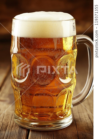Classic beer mug on a rustic wooden surface, full and frothy 119371355