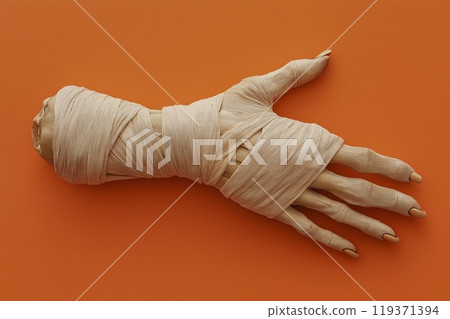 A single hand, dramatically wrapped in light bandages, stretches out against an orange backdrop 119371394