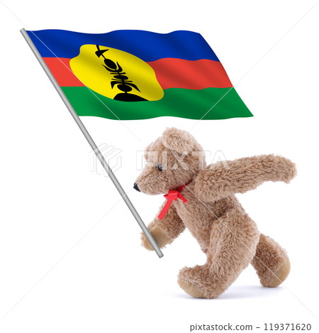 New Caledonia flag being carried by a cute teddy bear New Caledonia flag being carried by a cute teddy bear 119371620
