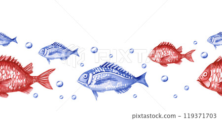 Seamless border with fishes. Isolated watercolor illustration for fish restaurant design, menu, textile, posters 119371703