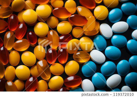 Colorful Assortment of Pills and Vitamins on Dark Background. Healthcare and Medical Concept for Pharmaceutical and Wellness Use. Colorful Assortment of Pills and Vitamins on Dark Background. Healthcare and Medical Concept for Pharmaceutical and Wellness Use. 119372010