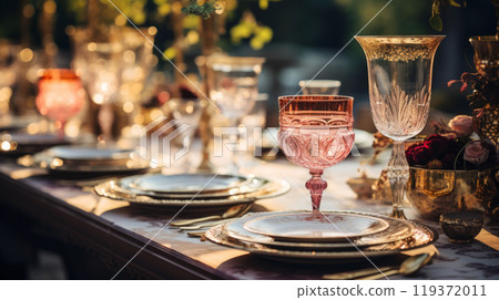 Elegant Thanksgiving Dinner Table Setting with Crystal Glassware and Fine China. Holiday Celebration Design Elegant Thanksgiving Dinner Table Setting with Crystal Glassware and Fine China. Holiday Celebration Design 119372011