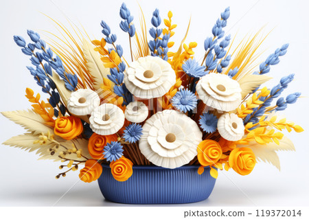 Vibrant paper flower bouquet in blue and yellow tones, perfect for decorative design, crafts, and art concepts Vibrant paper flower bouquet in blue and yellow tones, perfect for decorative design, crafts, and art concepts 119372014