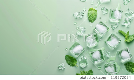 Ice cubes and fresh mint leaves beautifully arranged on a green background. AI-generated content. 119372054