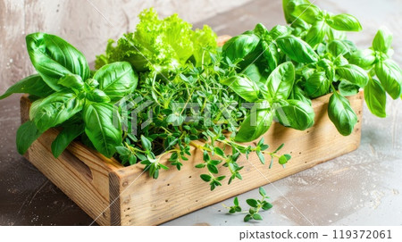 This wooden box contains a wide variety of different types of herbs. AI-generated content. 119372061