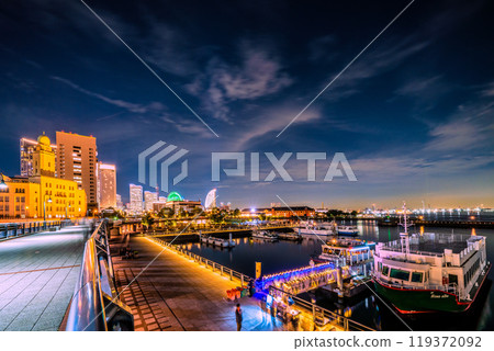 Yokohama cityscape in Japan - View of the night view of Yumehama and Minato Mirai at Pier Zou-no-hana sightseeing boat dock in Yokohama, October 11th 119372092