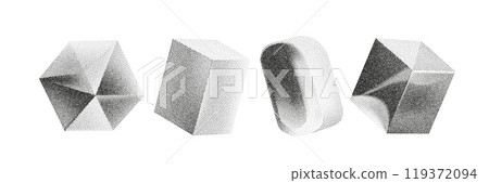Cube, cylinder, triangle, rhombus with grainy dot texture. 119372094