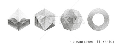 Cube, cylinder, triangle, rhombus with grainy dot texture. Cube, cylinder, triangle, rhombus with grainy dot texture. 119372103