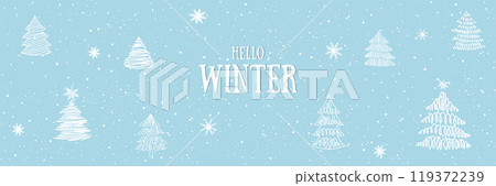 Winter horizontal vector design. Hello,Winter. Greeting text with fir trees and Snowflake for cold season celebration.Holiday Vector illustration.Winter days.Great for banners, wallpapers, cards 119372239