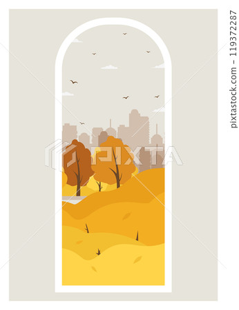 Autumn city park scene view illustration. Parkland trail with trees and bushes with falling leaves 119372287