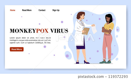 Danger of Mpox virus concept banner. Infected woman from monkey receive test results flat illustration. Danger of Mpox virus concept banner. Infected woman from monkey receive test results flat illustration. 119372293