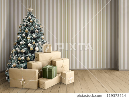 A beautiful Christmas Tree adorned with presents set in a stylish minimalist retro interior 119372314