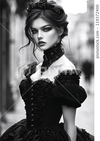 Elegant Woman in Gothic Black Corset Gown Walking Stylishly on City Street Elegant Woman in Gothic Black Corset Gown Walking Stylishly on City Street 119372400