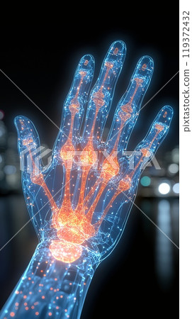 Vivid 3D Digital Illustration of Hand Highlighting Arthritic Joints in Motion 119372432